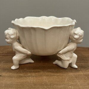 Vintage White Ceramic Cherubs Holding Flower Arrangement Bowl Centerpiece Floral